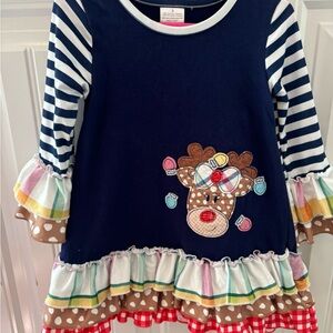2T Reindeer Ruffle Top - Navy and Multicolor